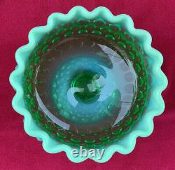 Fenton Art Glass Green Opalescent Hobnail Covered Pedestal Candy Dish 8.5