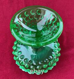 Fenton Art Glass Green Opalescent Hobnail Covered Pedestal Candy Dish 8.5