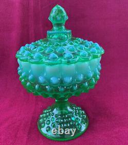 Fenton Art Glass Green Opalescent Hobnail Covered Pedestal Candy Dish 8.5