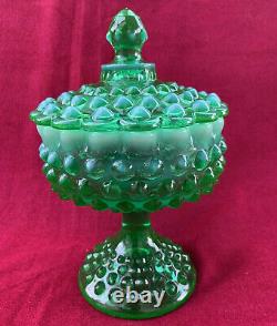 Fenton Art Glass Green Opalescent Hobnail Covered Pedestal Candy Dish 8.5