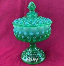 Fenton Art Glass Green Opalescent Hobnail Covered Pedestal Candy Dish 8.5