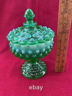 Fenton Art Glass Green Opalescent Hobnail Covered Pedestal Candy Dish 8.5