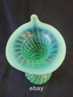 Fenton Art Glass Green Uranium Opalescent Swirl Jack In The Pulpit Vase 30's