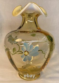 Fenton Art Glass Hand Painted Blue Daisies On Silken Sand Opalescent Vase