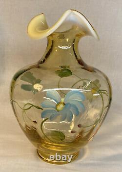 Fenton Art Glass Hand Painted Blue Daisies On Silken Sand Opalescent Vase