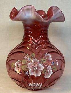 Fenton Art Glass Hand Painted Cranberry Opalescent Drapery Vase QVC 1994