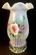 Fenton Art Glass Hand Painted Magnolia Blush On French Opalescent Hurricane Lamp