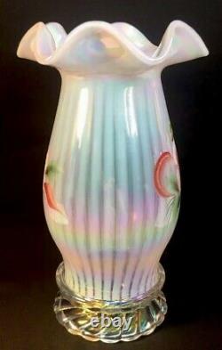 Fenton Art Glass Hand Painted Magnolia Blush On French Opalescent Hurricane Lamp