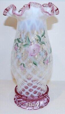 Fenton Art Glass Hand Painted Meadow Beauty Pink Crest Opalescent Hurricane Lamp
