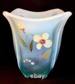 Fenton Art Glass Hand Painted Sand Petals Aquamarine Opalescent Square Vase