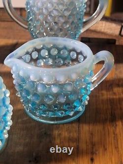 Fenton Art Glass Hobnail Mini Cream Sugar Set Blue Opalescent 2 And 3.5 Inch