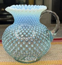 Fenton Art Glass Iridescent Hobnail 8 Pitcher Blue Opalescent Crimped Rim