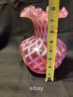 Fenton Art Glass, Large Cranberry Opalescent Diamond Optic Pinch Vase Ruffled