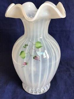 Fenton Art Glass Martha Rose Ribbed Opalescent Hand Painted 9 Vase
