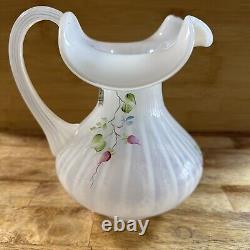 Fenton Art Glass Martha Rose Ribbed Opalescent Hand Painted Pitcher