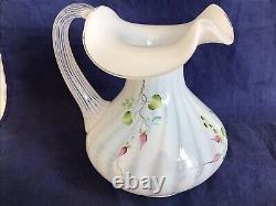 Fenton Art Glass Martha Rose Ribbed Opalescent Hand Painted Pitcher
