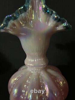 Fenton Art Glass Opalescent/Iridescent Ruffled Melon Beaded Pulled Vase 7 -1988