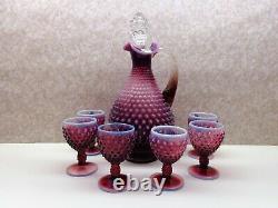 Fenton Art Glass PLUM OPALESCENT Hobnail Decanter 6 Goblets Cordial Set OG Label
