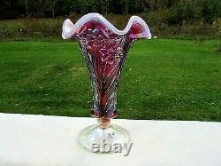 Fenton Art Glass Plum Opalescent Carnival Glass Daffodil Vase 7.5H Mint