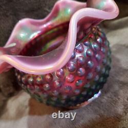 Fenton Art Glass Plum Opalescent Carnival Iridized Hobnail Vase Candle Bowl