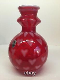 Fenton Art Glass Ruby Red Opalescent Heart Optic Vase LIMITED