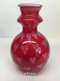 Fenton Art Glass Ruby Red Opalescent Heart Optic Vase LIMITED