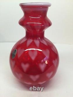 Fenton Art Glass Ruby Red Opalescent Heart Optic Vase LIMITED