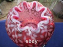 Fenton Art Glass Snowflake Cranberry Opalescent Rose Bowl Vase On Brass Stand