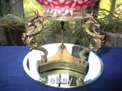 Fenton Art Glass Snowflake Cranberry Opalescent Rose Bowl Vase On Brass Stand