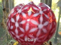 Fenton Art Glass Snowflake Cranberry Opalescent Rose Bowl Vase On Brass Stand