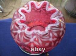 Fenton Art Glass Snowflake Cranberry Opalescent Rose Bowl Vase On Brass Stand