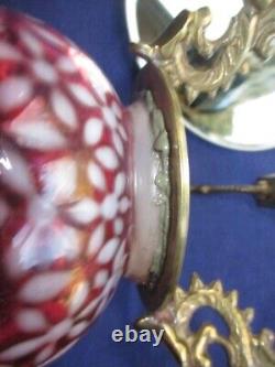 Fenton Art Glass Snowflake Cranberry Opalescent Rose Bowl Vase On Brass Stand