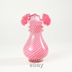Fenton Art Glass Swirl Pattern, Cranberry Opalescent, Ruffled Rim Vase 6 H
