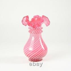 Fenton Art Glass Swirl Pattern, Cranberry Opalescent, Ruffled Rim Vase 6 H