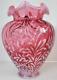 Fenton Art Glass Vase Cranberry Daisy And Fern Pattern Opalescent With Hang Tag