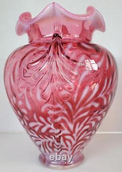 Fenton Art Glass Vase Cranberry Daisy And Fern Pattern Opalescent with Hang Tag