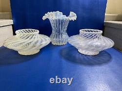 Fenton Art Glass White Opalescent Swirl Optic Ruffled Vase Two Bowls Console Set