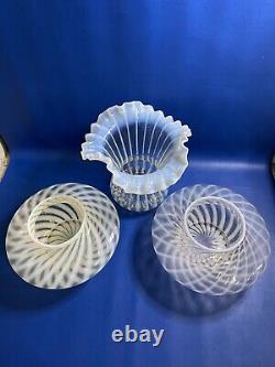 Fenton Art Glass White Opalescent Swirl Optic Ruffled Vase Two Bowls Console Set