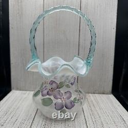 Fenton Art Glass White Opaline Swirl Basket Light Blue Crest Purple Flowers RARE