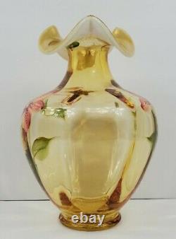 Fenton Autumn Gold Opalescent 8.75 Vase Hand Painted Tiger Lilies by D. Barbour