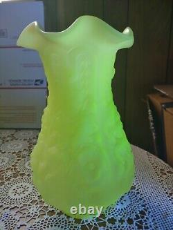 Fenton Bailey Satin Topaz Vaseline Overlay Opalescent Iridized Poppy Show Vase