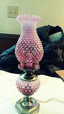 Fenton Beautiful Cranberry Hobnail Opalescent Electric Lamp Brass Base