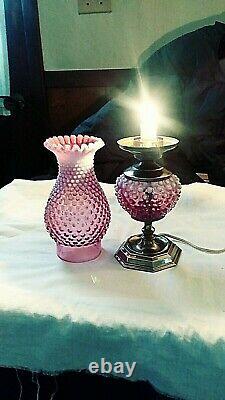 Fenton Beautiful Cranberry Hobnail Opalescent Electric Lamp Brass Base