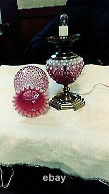 Fenton Beautiful Cranberry Hobnail Opalescent Electric Lamp Brass Base