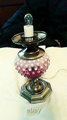 Fenton Beautiful Cranberry Hobnail Opalescent Electric Lamp Brass Base