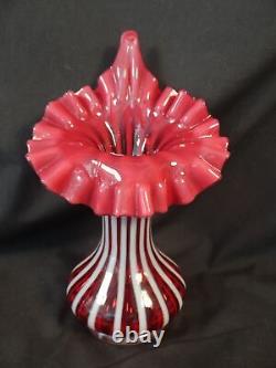 Fenton Beautiful Vintage Cranberry Jack In The Pulpit Vase Opalescent Striped 9