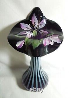 Fenton Black Opalescent Hand Painted Flower Art Glass Tulip Vase Signed A Slack