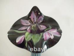 Fenton Black Opalescent Hand Painted Flower Art Glass Tulip Vase Signed A Slack