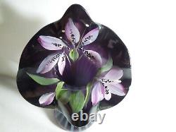 Fenton Black Opalescent Hand Painted Flower Art Glass Tulip Vase Signed A Slack