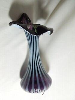 Fenton Black Opalescent Hand Painted Flower Art Glass Tulip Vase Signed A Slack